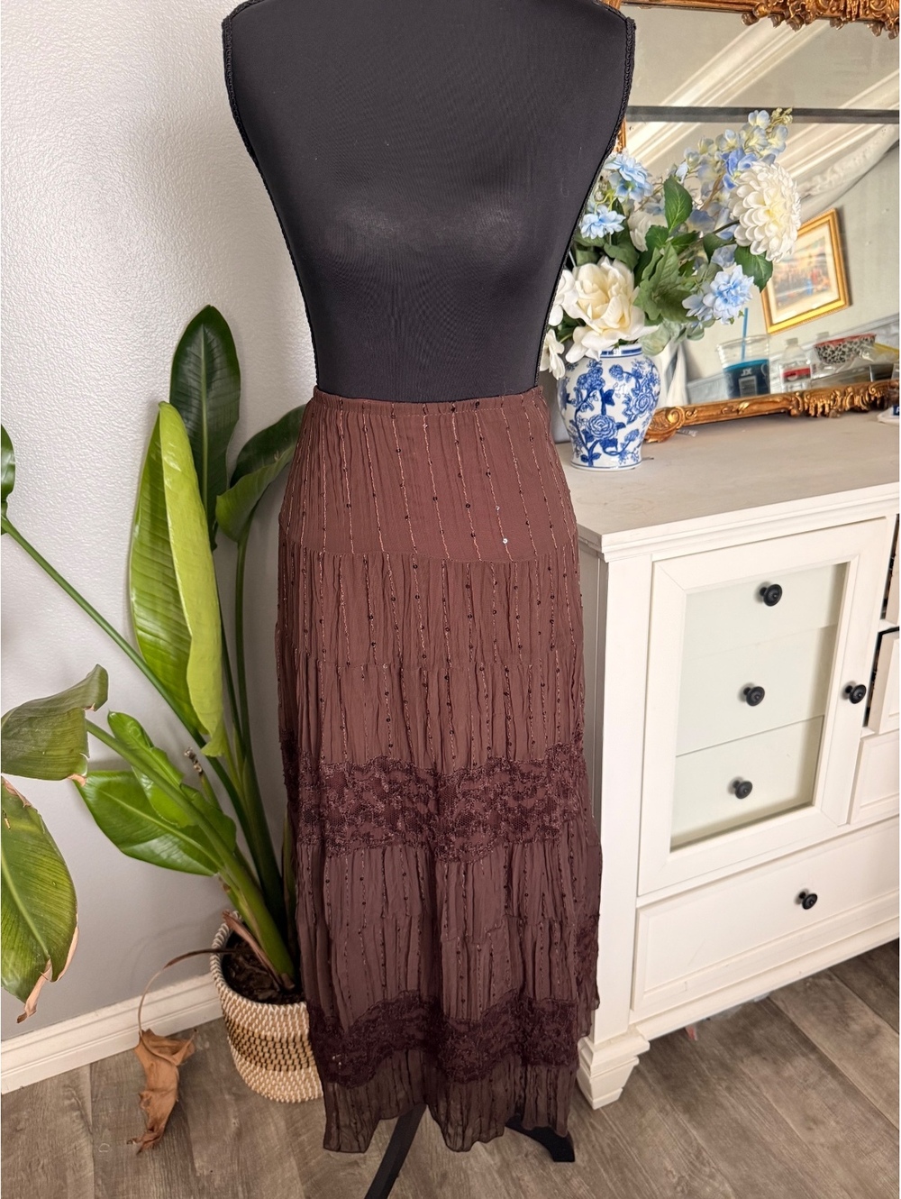Y2K brown lace sequin maxi skirt - Gypsy, fairy core - Picture 3 of 7